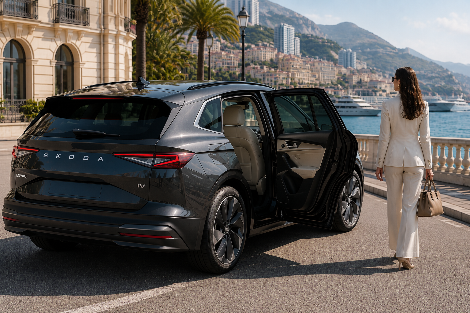 Chauffeur privé accueillant une passagère devant un SUV Škoda à Monaco