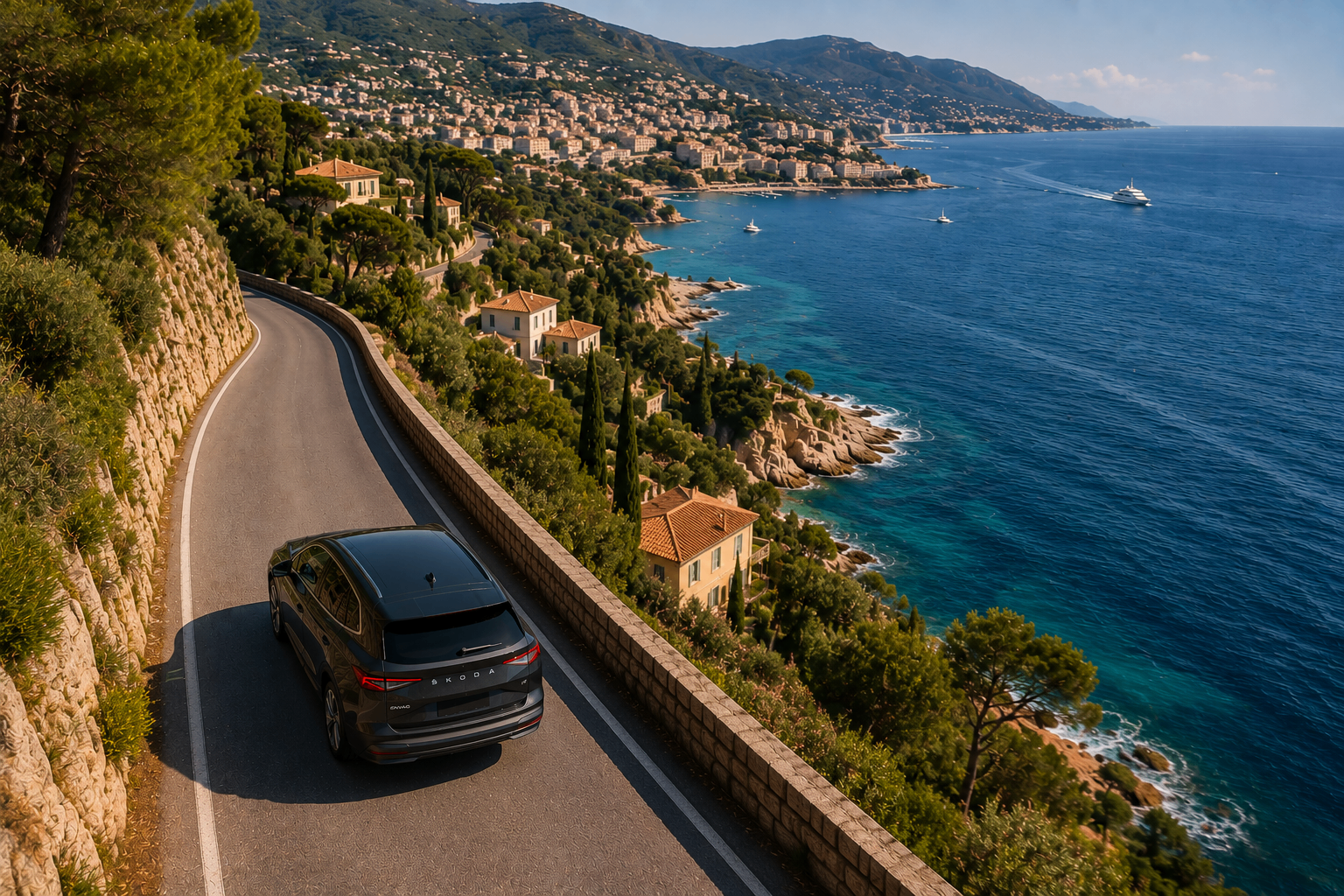 SUV Škoda sur une route panoramique surplombant la Côte d'Azur