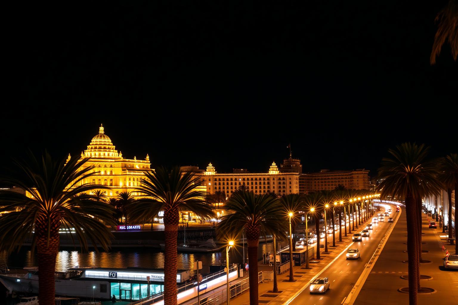 Côte d'Azur de nuit, lumières dorées entre Nice et Cannes